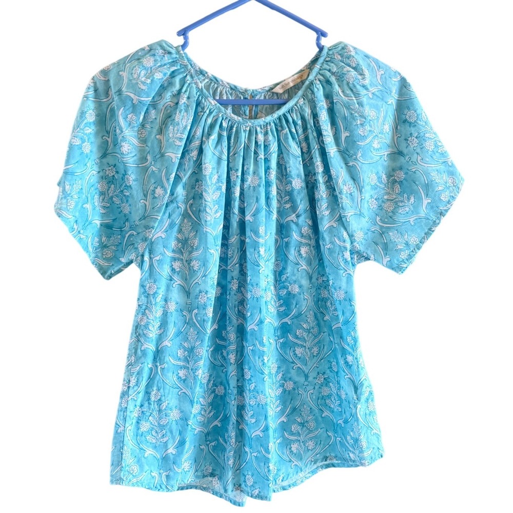Soft Surroundings Sz Small Floral Top Lightweight Aqua Seaside Getaway Cinch Top